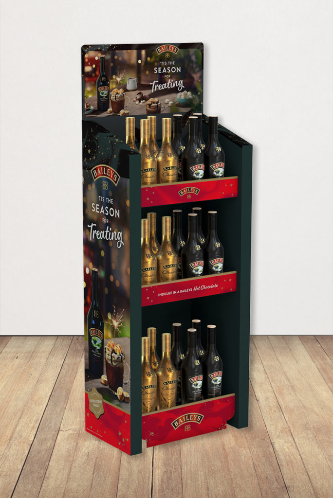 FSDU shelved unit to merchandise a festive selection of Bailey's liquor bottles