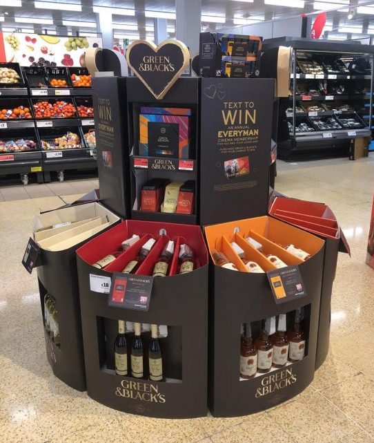 Theatrical Display for Green and Blacks Chocolates and Wine floor standing merchandising unit for a foyer area perfect for a large supermarket