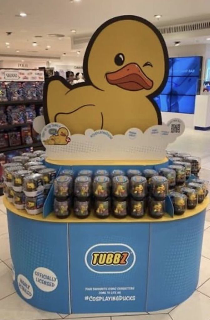 Creative temporary display unit, depicting a giant duck to merchandise a selection of collectable bath time ducks for the brand Tub