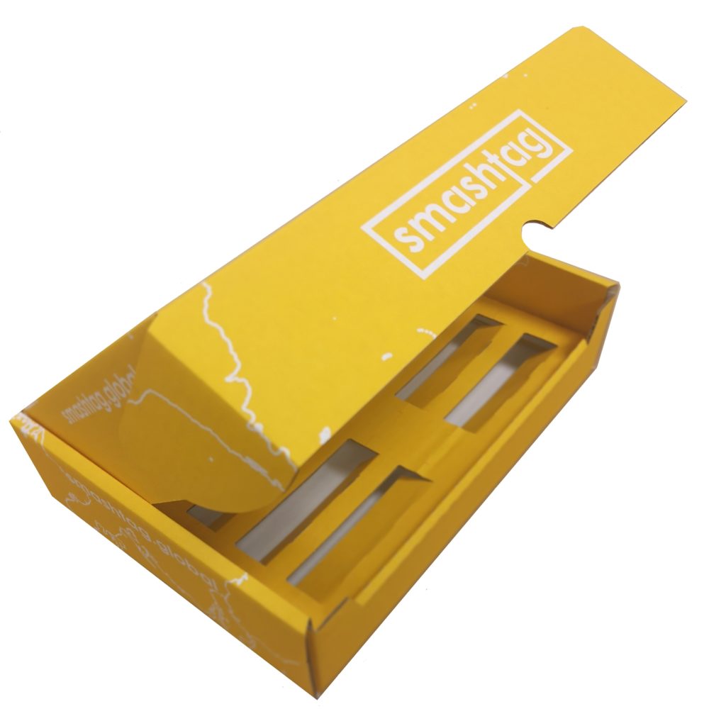 Die Cut Packaging Box, for Smashtag brand with a white text out of yellow