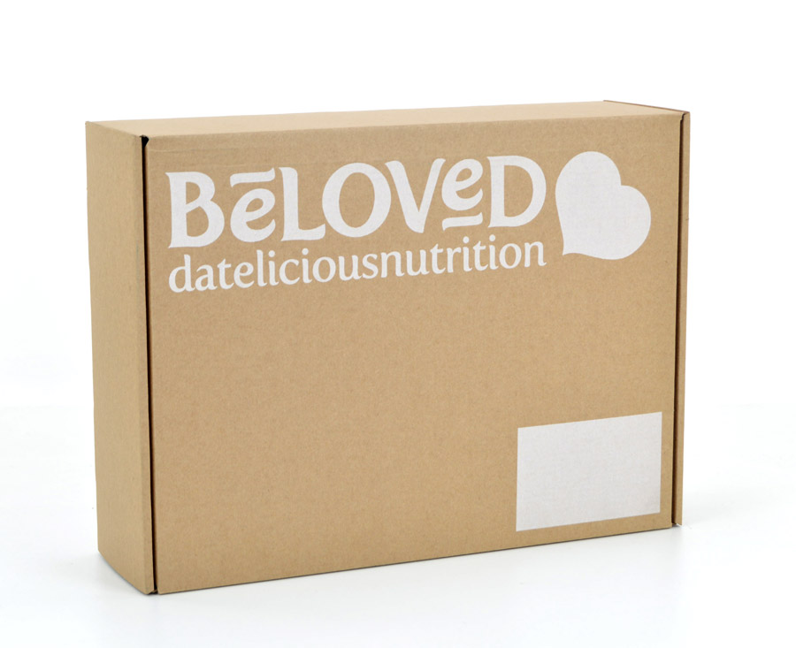 An E-commerce printed box for Beloved detelicious nutrition. This is a brown box with white printed images and copy.
