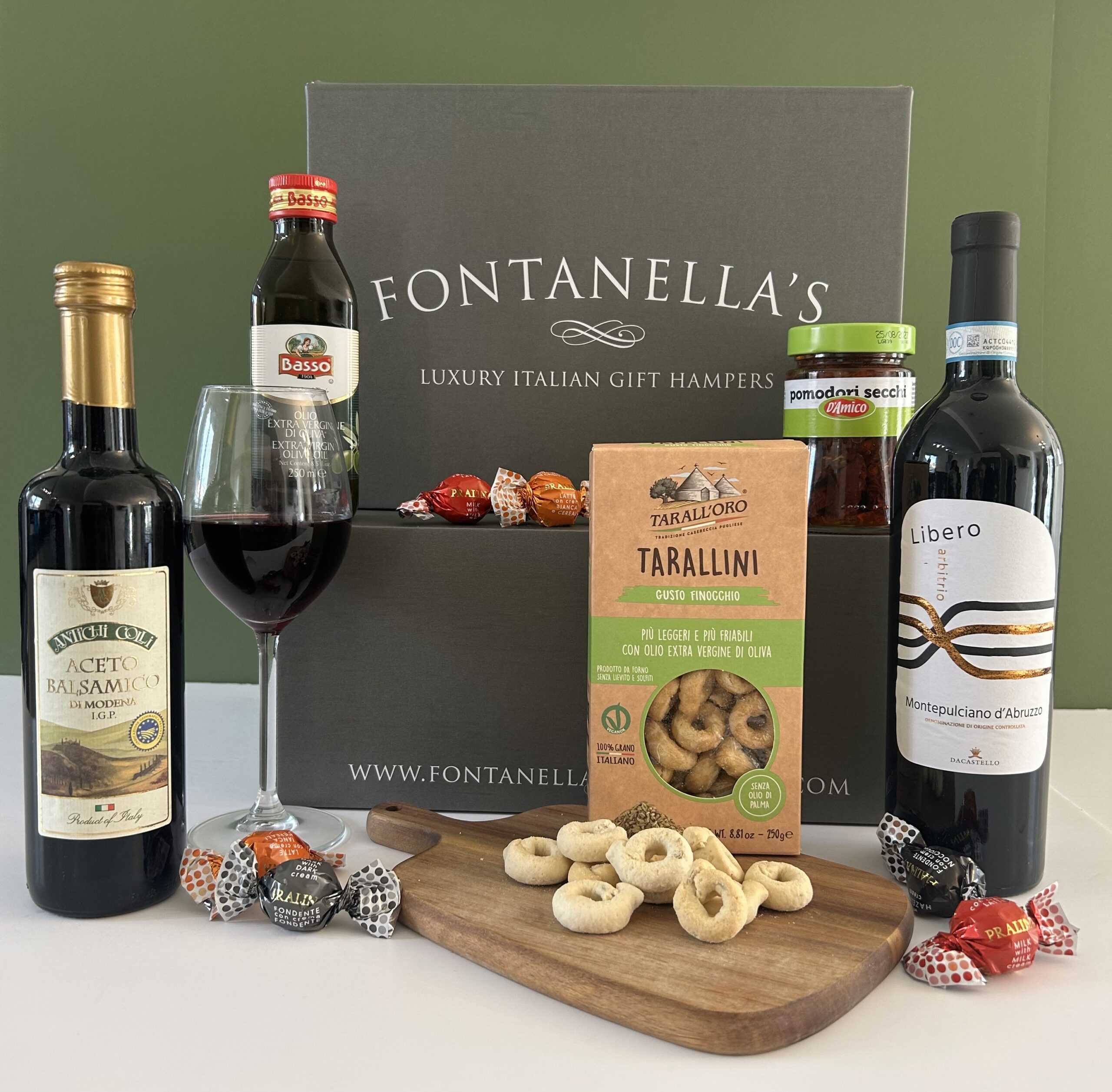 Fontanellas luxury Italian gift hamper displayed with its printed cardboard box